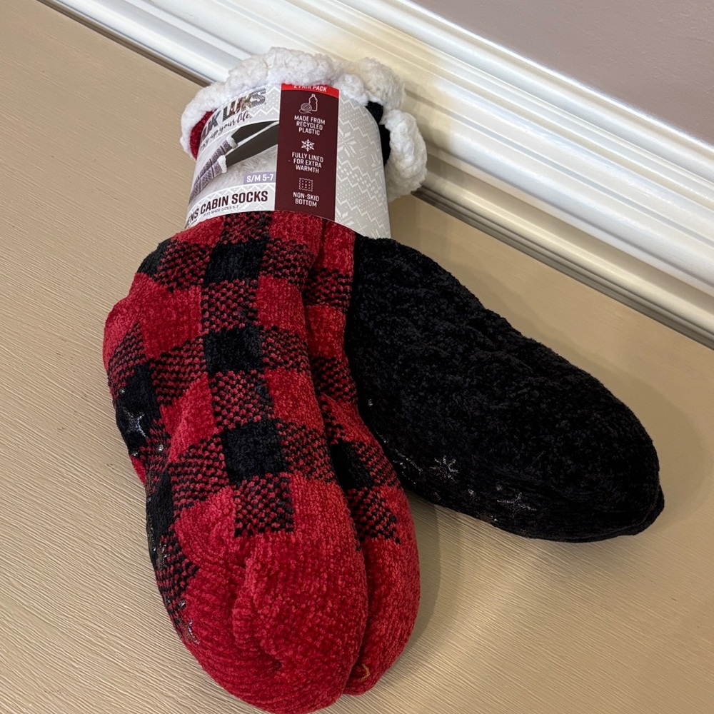 Muk Luks Red and Black Plaid Slipper Socks